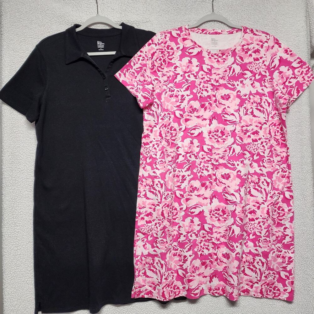Kim Rogers Perfectly Soft Dresses Size L Black Pink Floral 100% Cotton Bundle